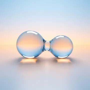Two glass droplets joined by a thin liquid bridge, glowing apricot on a sky-blue gradient