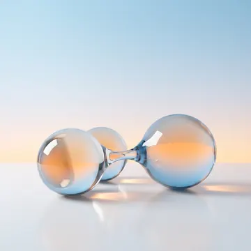 Three glass droplets merging into one rounded shape, glowing apricot on a sky-blue gradient